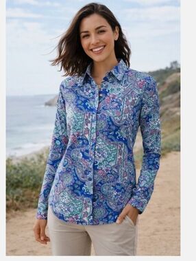 Coolibar Rhodes UPF 50+ Paisley Shirt Coastal Travel Outdoor Top Size Small
